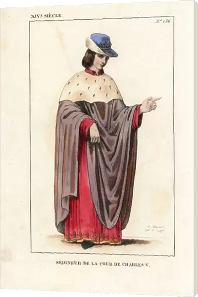 Lord in the court of King Charles V of France, 14th century. He wears a velvet toque with crown, violet cape with ermine pelerine, over a red damask robe. From a miniature in a manuscript of Froissarts Chronicles