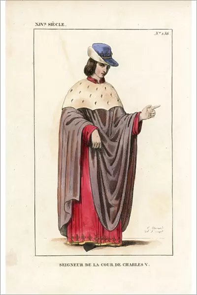 Lord in the court of King Charles V of France, 14th century. He wears a velvet toque with crown, violet cape with ermine pelerine, over a red damask robe. From a miniature in a manuscript of Froissarts Chronicles