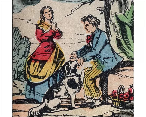 Paul and Virginia lost in nature with their dog, 19th century (epinal print)