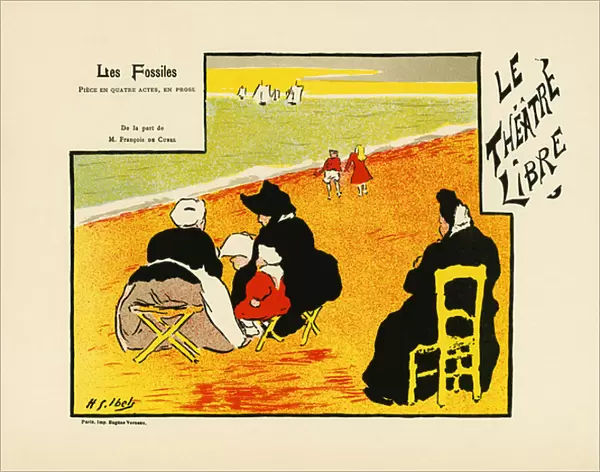 Poster for the Fossiles, piece of theatre by Francois Curel (1854-1928), represented in 1892 at the Free Theatre created in 1887 by Andre Antoine (1858-1943), Illustration in lithography by Henri Gabriel Ibels (1867-1936) showing a family by the sea