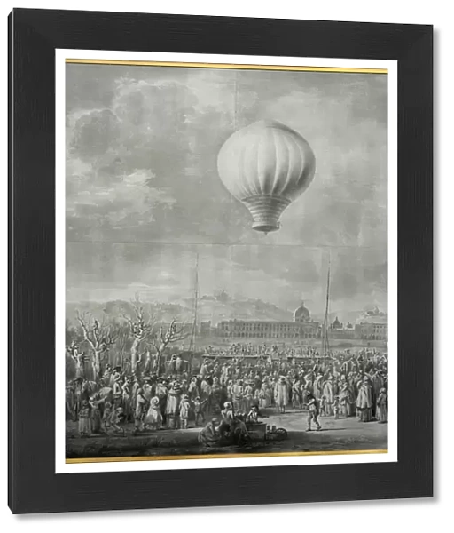 Ascent of the hot air balloon in 1784 in Les Brotteaux, the first Lyon flight was carried out on January 19, 1784 in the plain of the Brotteaux by the two Montgolfier brothers, Drawing in the wash and a pen by Jean Jacques de Boissieu (1736-1810)