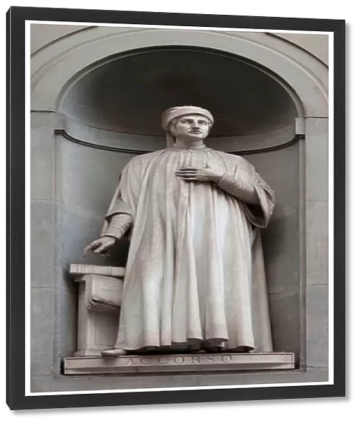 Statue of Accursio da Bagnolo, (Accursius or Accorso) (1184-1263), Italian jurist, Sculpture by Odoardo Fantacchiotti (1811-1877), installed in the Piazzale des Uffizi (piazzale degli Uffizi) in Florence. Florence, Tuscany, Italy