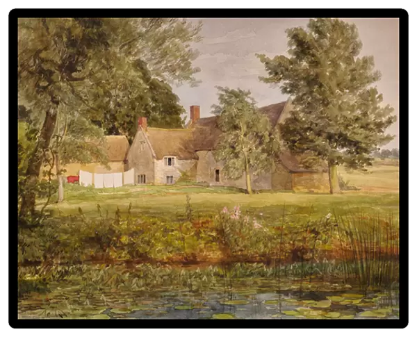 Stone buildings, washing line and lily pond, 1800-65 (Watercolour)