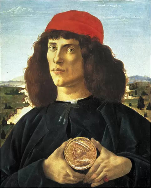 Portrait of man with the medal of Cosme Medicis the Elder (ca. 1475), Painting by Alessandro di Mariano dei Filipepi dit Sandro Botticelli (1445-1510). Florence, Uffizi Museum