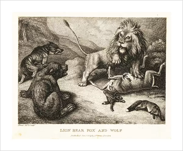 Lion, bear, wolf and fox fight over the carcass of a deer. 1811 (etching)