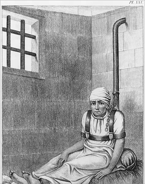 Chained insane at Bedlam, illustration from Des Maladies Mentales considerees sous le rapport medical, hygienique et medico-legal by Etienne Esquirol (1772-1840) plate XXV, 1838 (engraving) (b  /  w photo)