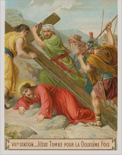 Jesus falls for the second time. The seventh Station of the Cross (chromolitho)