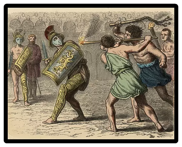 Ancient Rome: A cowardly gladiator engaged in the fight, 1866 (coloured engraving)