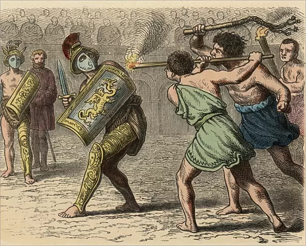 Ancient Rome: A cowardly gladiator engaged in the fight, 1866 (coloured engraving)