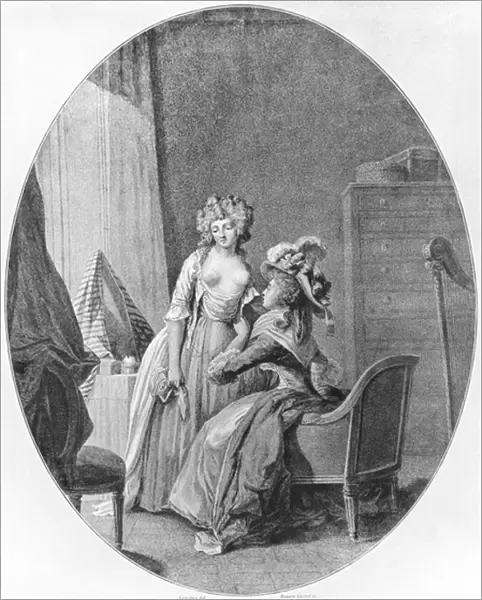 Madame de Merteuil seducing Cecile Volange, illustration from Les Liaisons Dangereuses by Pierre Choderlos de Laclos (1741-1803) engraved by Romain Girard (b. c. 1751) 1782 (engraving) (b  /  w photo)