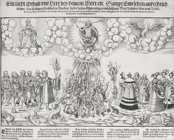 Illustation of Martin Luthers hymn asking for the help of God against the deadly work of the Pope (engraving)