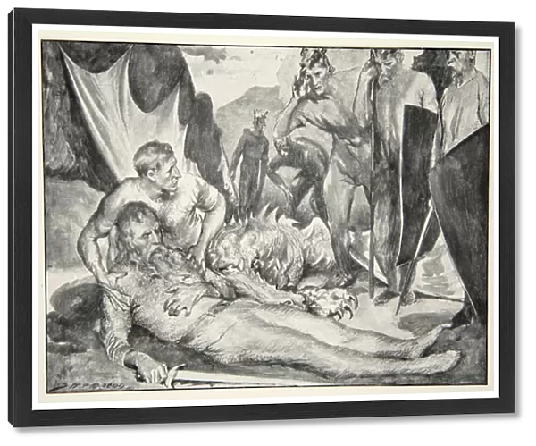 The Death of Beowulf, from Hero Myths and Legends of the British Race by M. I. Ebbutt, 1910 (litho)