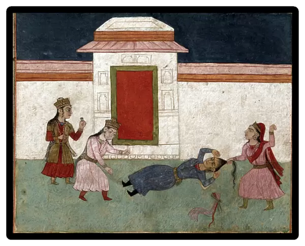 Two concubines fighting in a harem, the favorite grabs her rivals hair. (miniature)
