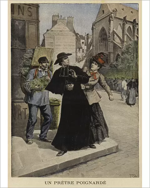 Knife attack on a priest, France, 1897 (colour litho)