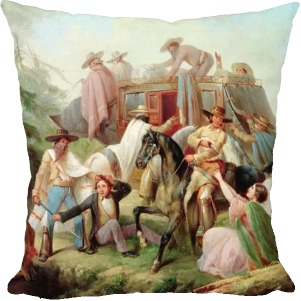 Attack on a stagecoach by brigands (oil on canvas)