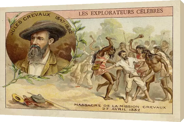 Jules Crevaux (1847-1882) on the banks of the Rio Pilcomayo in Argentina on 27 April 1882 (chromolitho)