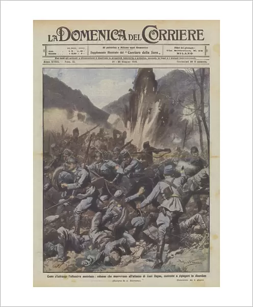 How the Austrian Offensive breaks, columns that moved to the attack of Coni Zugna... (colour litho)