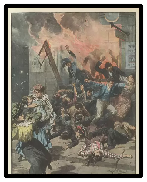 Scary fire of a theater in Trujillo (Peru), with about fifty deaths crushed at the exit (colour litho)