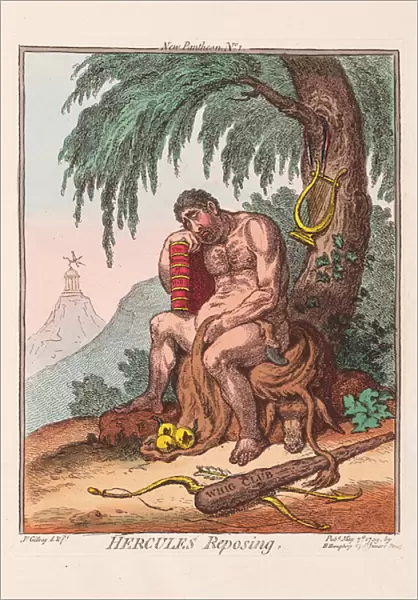 Hercules Reposing, pub. 1799 (hand coloured engaving)