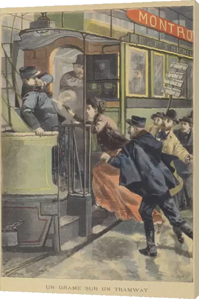 A shooting on a tram (colour litho)