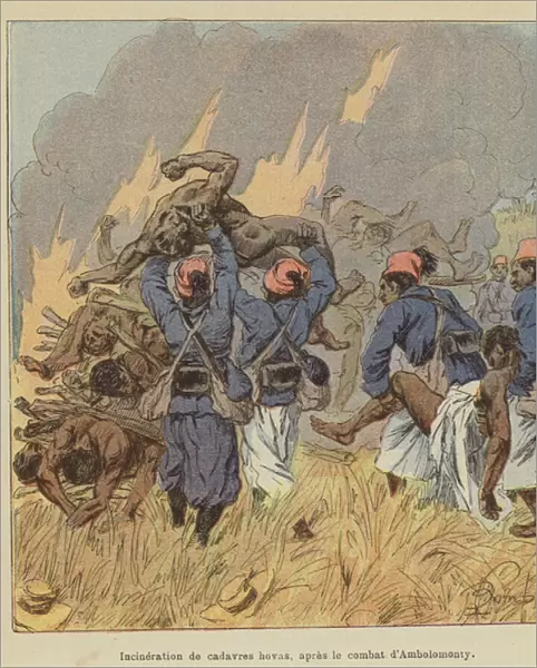 Incineration de cadavres hovas, apres le combat d Ambolomonty (colour litho)