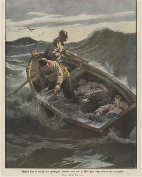 The tragic end of a small crew spent twenty hours at the mercy of the waves in a lifeboat (Colour Litho)