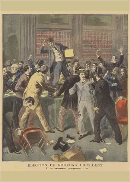 Unruly scenes as French parliamentarians discuss the election of a new president (colour litho)