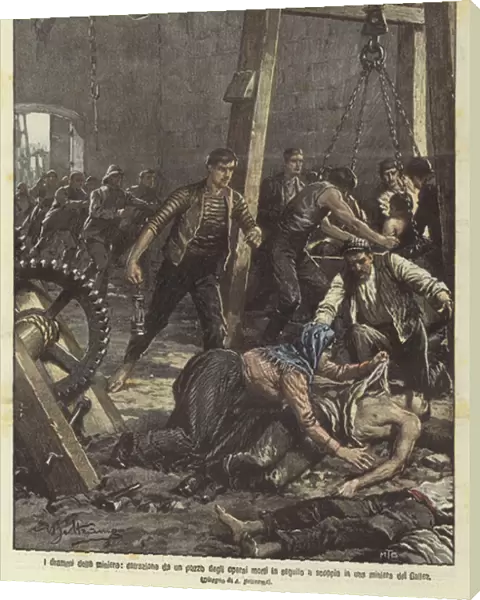 The drama of mining, extraction from a well of workers who died after an explosion in a Welsh mine (colour litho)