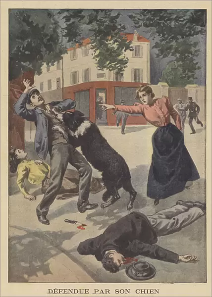 A woman defended by her dog (colour litho)