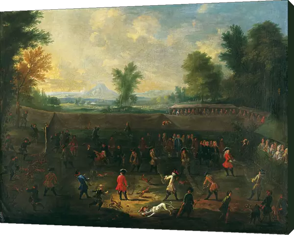 A fox-tossing match with elegant company spectating (oil on canvas)