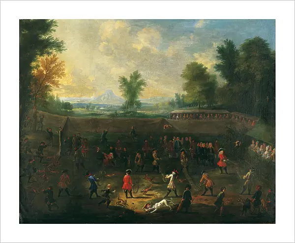 A fox-tossing match with elegant company spectating (oil on canvas)