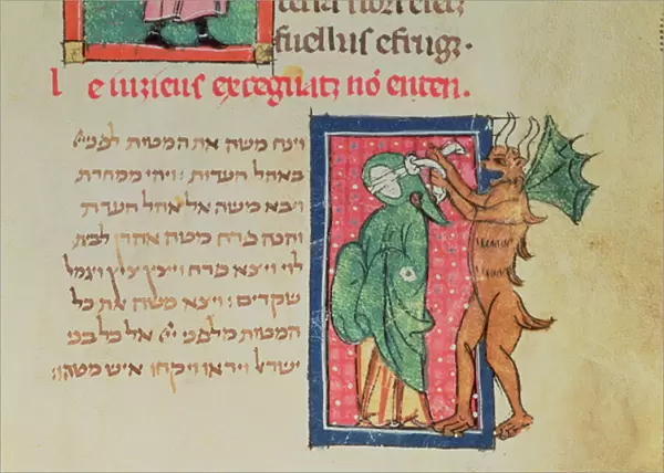 S. I. 3, f. 98: Satan binds the eyes of the Jews, from the Brevario del Amor by Ermengald de Bezieres (vellum)