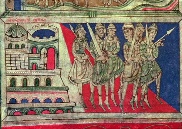 Charlemagne leaving Aachen to travel to Santiago de Compostela, miniature from the Codice Calixtus, fol. 162v. c. 1150 (vellum)