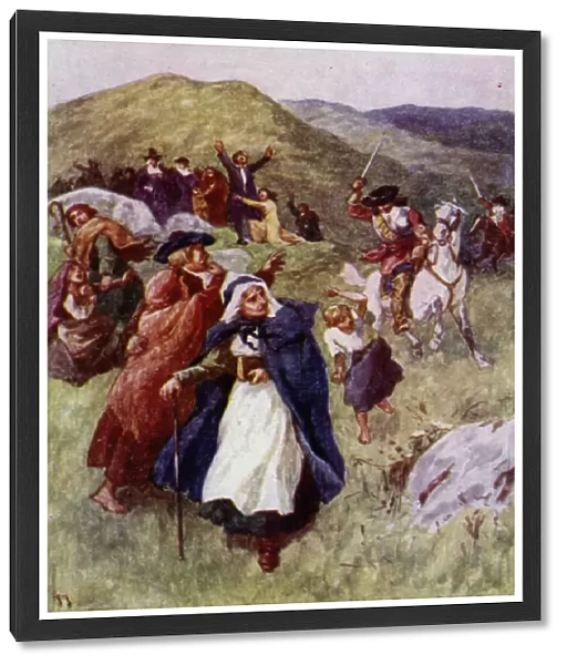 Soldiers driving away people who have met to worship in the Scottish hills (colour litho)