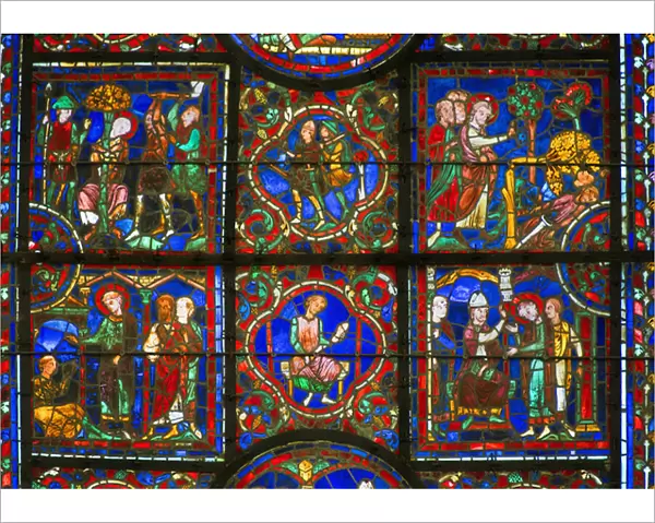 The Life of St Martin of Tours stained glass window - Stained glass window of the Cathedrale de Chartres (ca. 1215-1225): detail of the life of Saint Martin de Tours: Top left: Saint Martin attaches to a tree and violent by robbers; top right