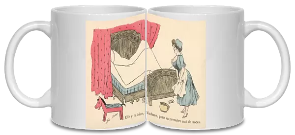 Maid tidying a worn-out bed (colour litho)