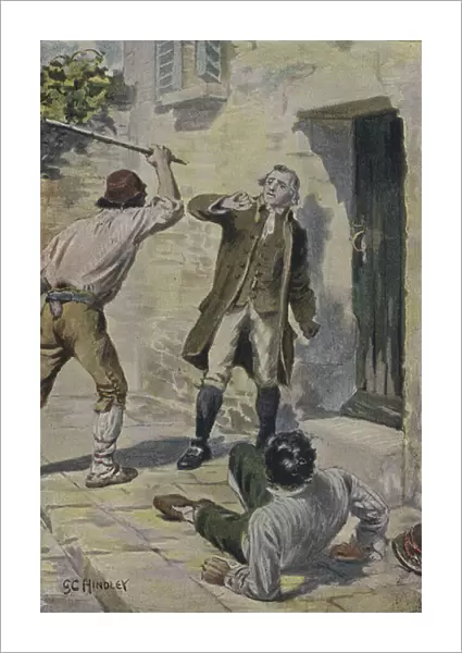 John Lombe attacked by Italians while on a visit to Italy to investigate spinning machines (colour litho)