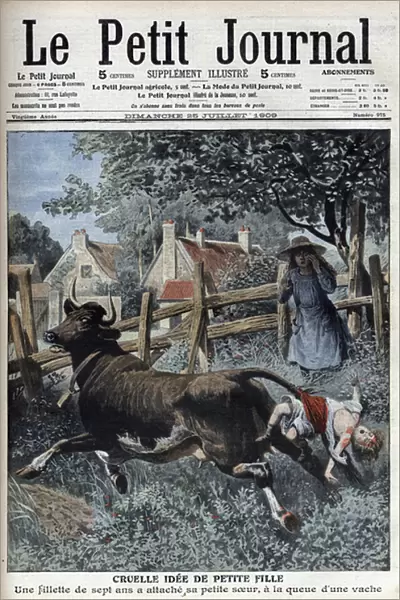 A seven-year-old girl tied her little sister to the tail of a cow - 'Le Petit Journal'of July 25, 1909 (engraving)