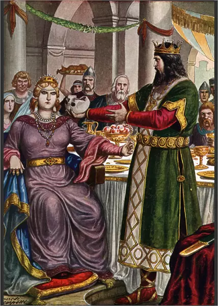 Lombard king Alboin (about 526- 572) forces his wife, the gepid princess Rosemonde (died 572) to drink from a cup formed by his fathers skull Cunimond at a banquet in Verona, Italy (Rosamund (or Rosamunde) and her husband Alboin