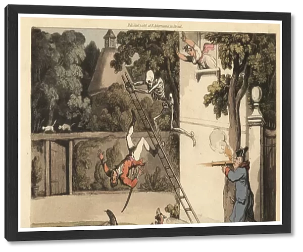 The skeleton of Death pushes a ladder away from a wall killing a gallant suitor as he tries to elope with a beauty. The girls father shoots a musket at the falling man