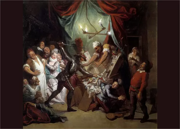 Don Quixote demolishes the puppets he thinks are Moors. 'The Ingenious Gentleman Don Quixote of La Mancha'by Miguel de Cervantes Saavedra (1547-1616). Painting by Charles Antoine Coypel (1694-1752), 1716. Oil on canvas. Dim: 1, 17 x 1, 28m