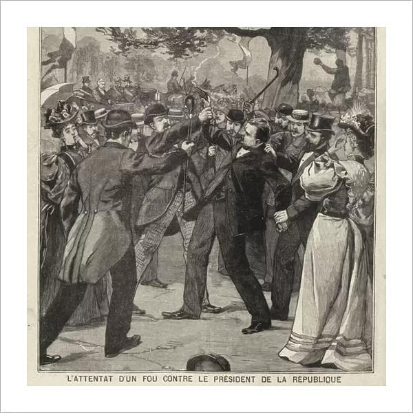 Assassination attempt against President Felix Faure of France during Bastille Day celebrations at Longchamp, Paris, 1896 (engraving)