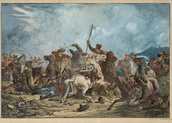 Kirghizes (Kirghiz ) and cossacks - Battle between the Kirghiz and Cossacks - Orlowski (Orlovsky), Alexander Osipovich (1777-1832) - 1826 - Lithograph, watercolour - 54x77 - Private Collection