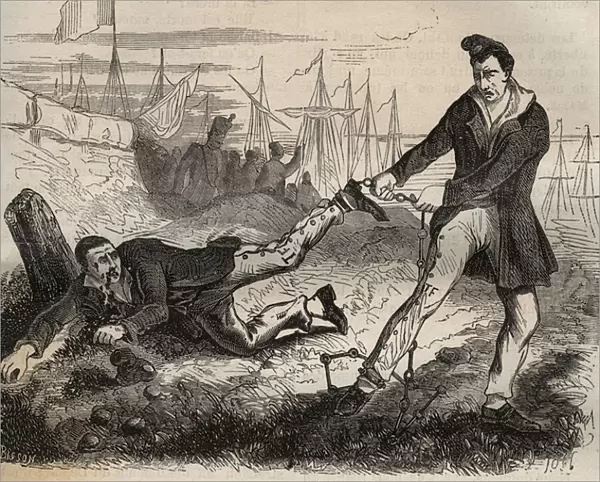 The biggest torment of the forcate is to be a mismate. Fight between two prisoners connected by the same chain. Bagne de Rochefort in the 19th century. Engraving in 'Histoire des bagnes depuis leur creation a nos jours'