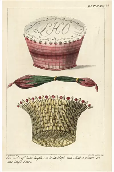 A pincushion, basket made of melon seeds, and a long purse