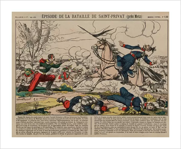 Wounded French dragoon shooting a Prussian lancer at the Battle of Saint-Privat, Franco-Prussian War, 18 August 1870 (coloured engraving)