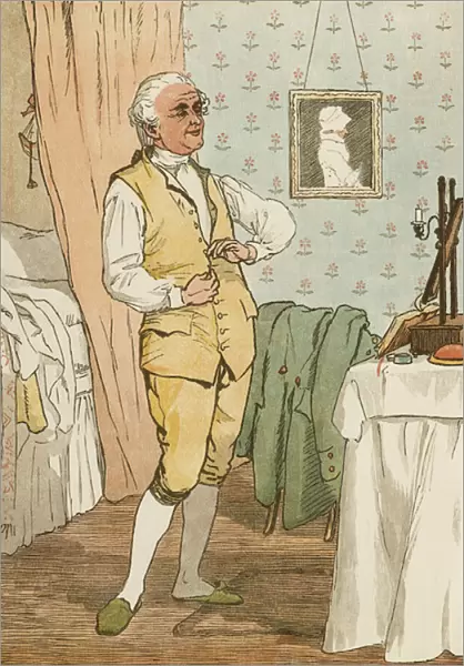 An Elegy on the Death of a Mad Dog by Oliver Goldsmith. The good man of Islington dressing. Illustration by Randolph Caldecott
