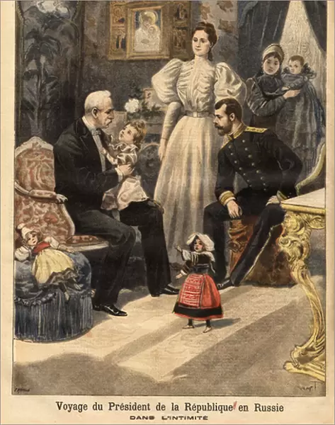 The President of the Republic Felix Faure (1841-1899), during his visit to Russia, on an intimate visit to the Tsar Nicholas II (1868-1918), offers dolls to the great duchesses Olga (on his knees) and Tatiana, under the delight of their mother
