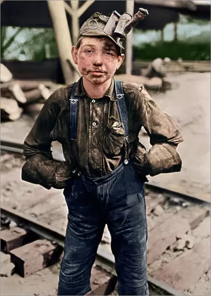 Young coal miner at Turkey Knob Mine, West Virginia. 1908 (coloured photo)