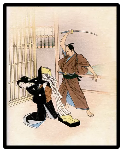 Traditional Japanese theatre: an actor threatens an actress with a sword, 1900 (illustration)